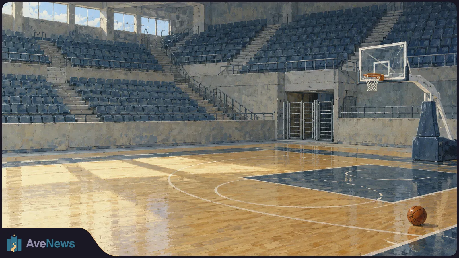An empty indoor basketball arena with blue spectator seats, a hoop and a lone ball on the polished court. SI illustration