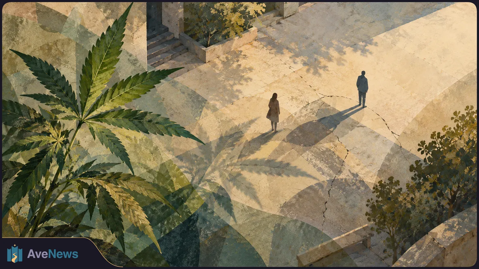 Illustration of a large cannabis plant beside two people standing apart in a sunlit stone courtyard, with long shadows and translucent geometric shapes. SI illustration
