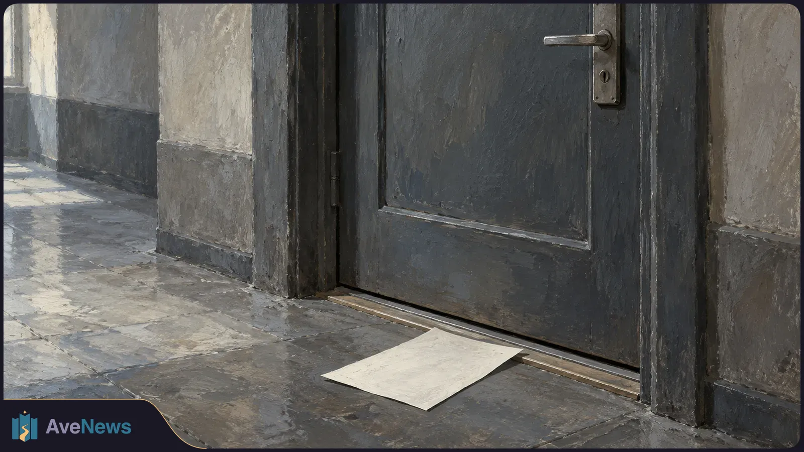 A blank sheet of paper lies at the threshold of a dark gray door in a worn corridor. SI illustration