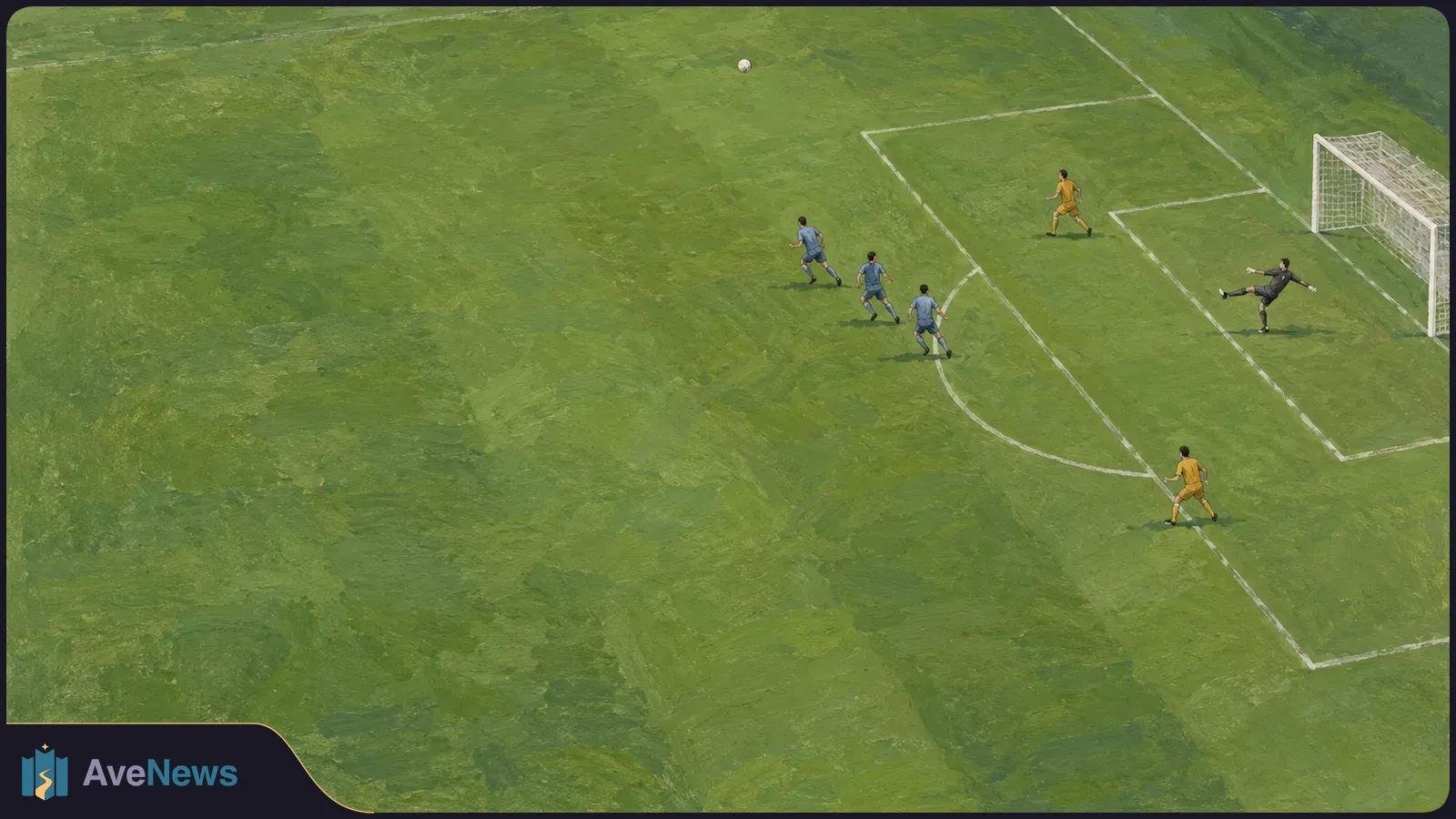 Painted overhead view of a soccer goalkeeper kicking the ball upfield from beside the goal as five players run across the penalty area. SI illustration