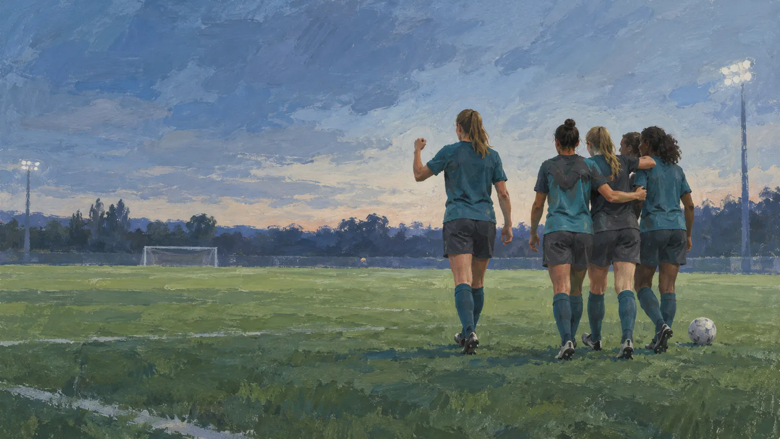 A painting of football players walking together across a floodlit pitch at dusk, with a ball nearby and a goal in the distance. SI illustration
