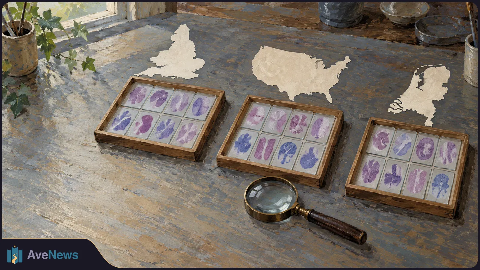 Painted scene of three wooden trays of purple-stained specimen slides on a table, with pale country silhouettes above them and a magnifying glass in front. SI illustration