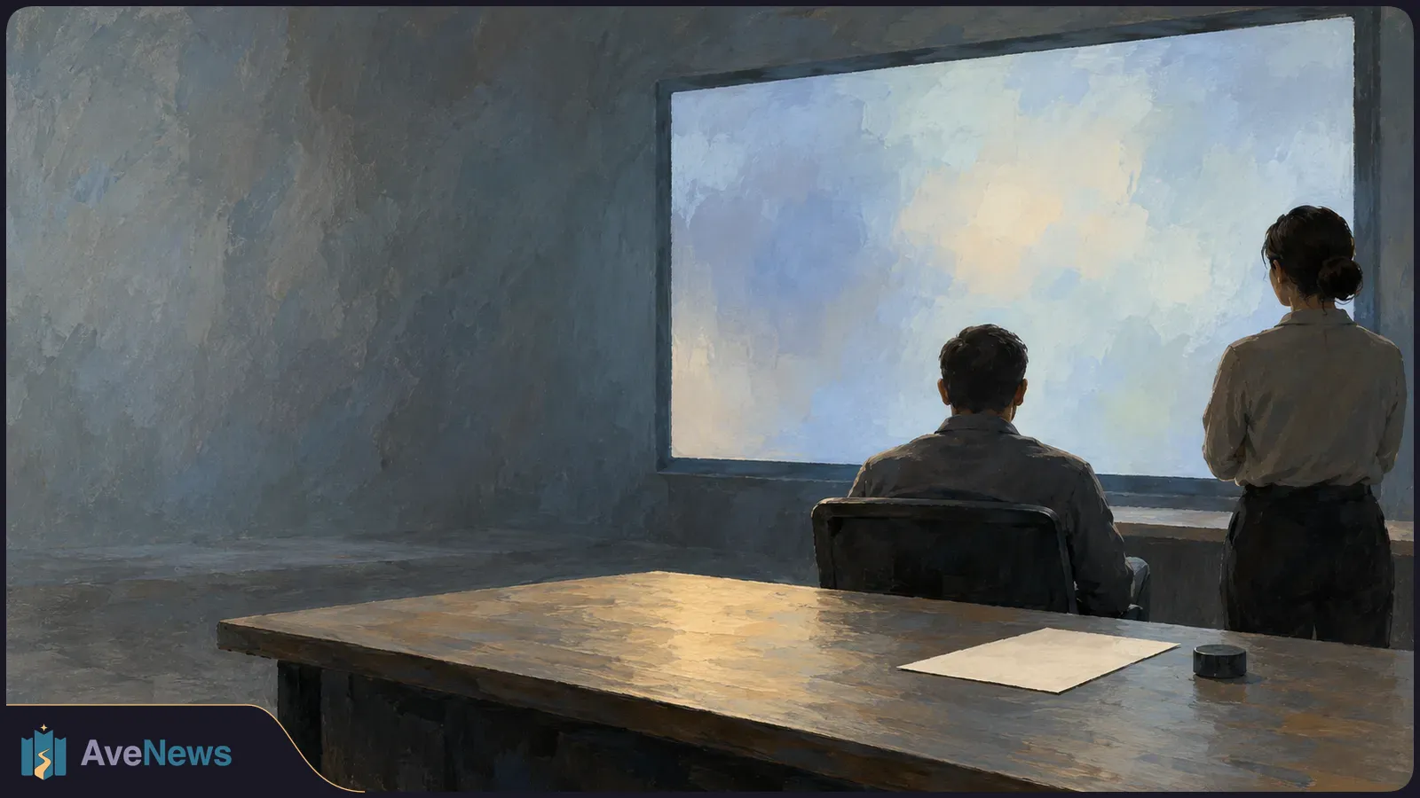 Illustration of two people seen from behind in a dim room, facing a large pale screen; a blank sheet of paper lies on a desk in the foreground. SI illustration