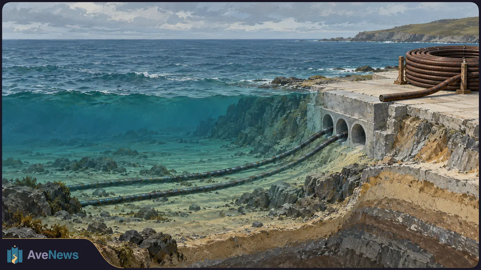 A painted cutaway of a rocky coast shows two cables running along the seabed into concrete shore conduits, with a large cable coil above. SI illustration