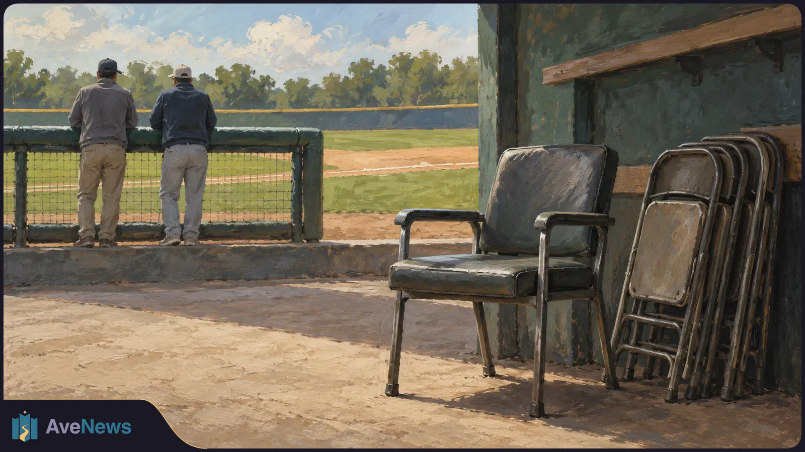 Painted baseball dugout with an empty padded chair and stacked folding chairs; two people stand with their backs to the viewer, looking out over the field. SI illustration