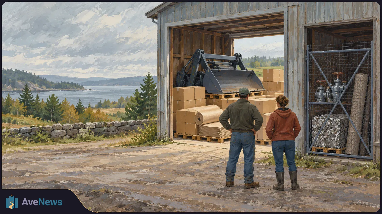 Illustration of two people facing a barn filled with boxes, paper rolls and a machinery bucket; valves and bundled materials sit behind a wire gate, with water and trees beyond. SI illustration