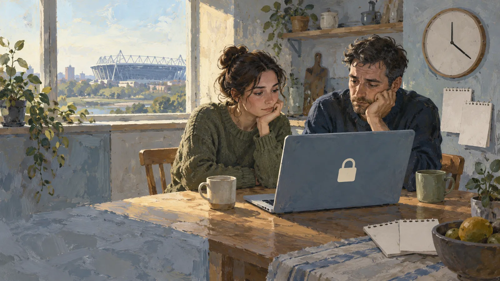 A painted scene of a woman and man looking at a laptop with a closed padlock symbol, seated at a table with mugs. A stadium is visible through the window. SI illustration