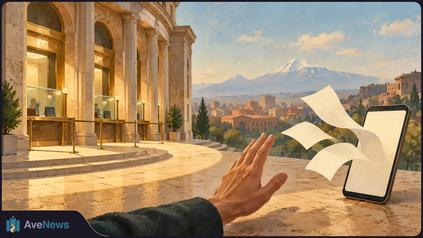 A hand reaches toward blank sheets floating from a smartphone beside a grand stone building, with a city and snow-capped mountain behind them. SI illustration