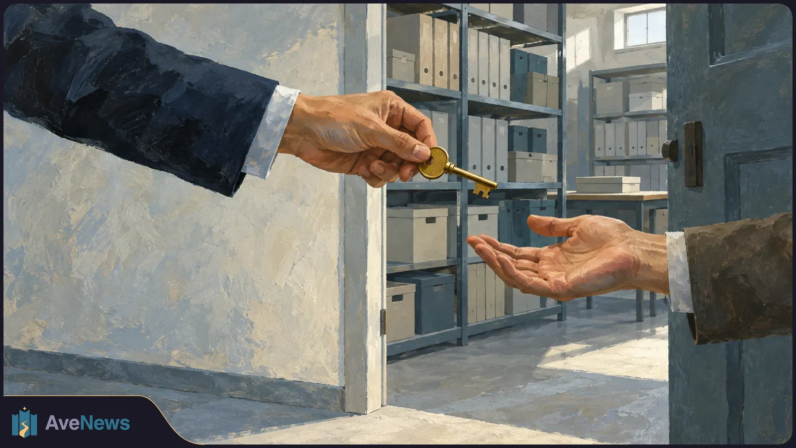 A painted scene shows one hand offering a gold key to another beside an open door to a room of shelves, binders and storage boxes. SI illustration