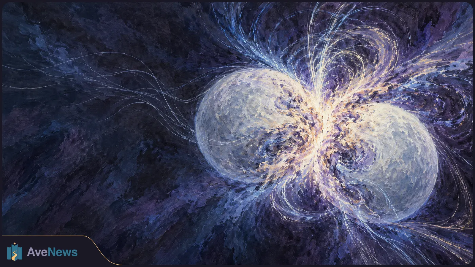 Painterly illustration of two pale spheres touching amid bright, swirling blue and gold lines against a dark purple background. SI illustration