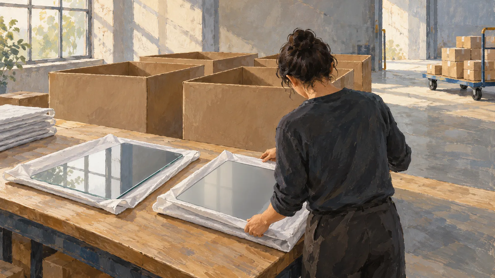 A person wraps two reflective glass panels on a wooden table in a sunlit packing room, with large open boxes and a cart of parcels behind them. SI illustration