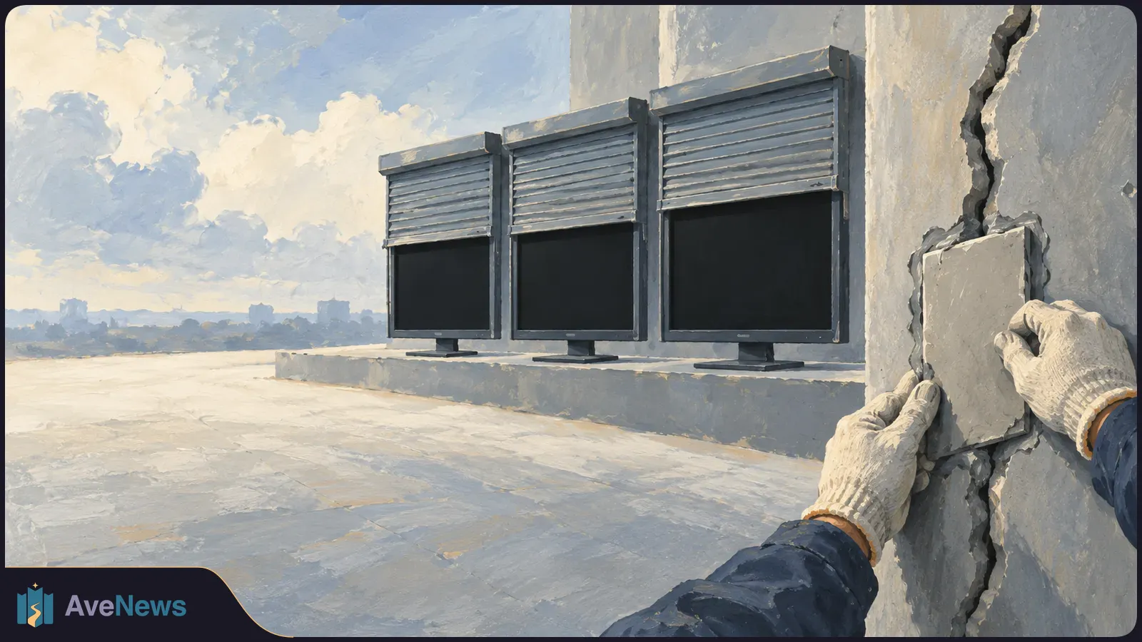 Illustration of three dark monitors beneath metal shutters, beside gloved hands pressing a panel against a cracked wall. SI illustration