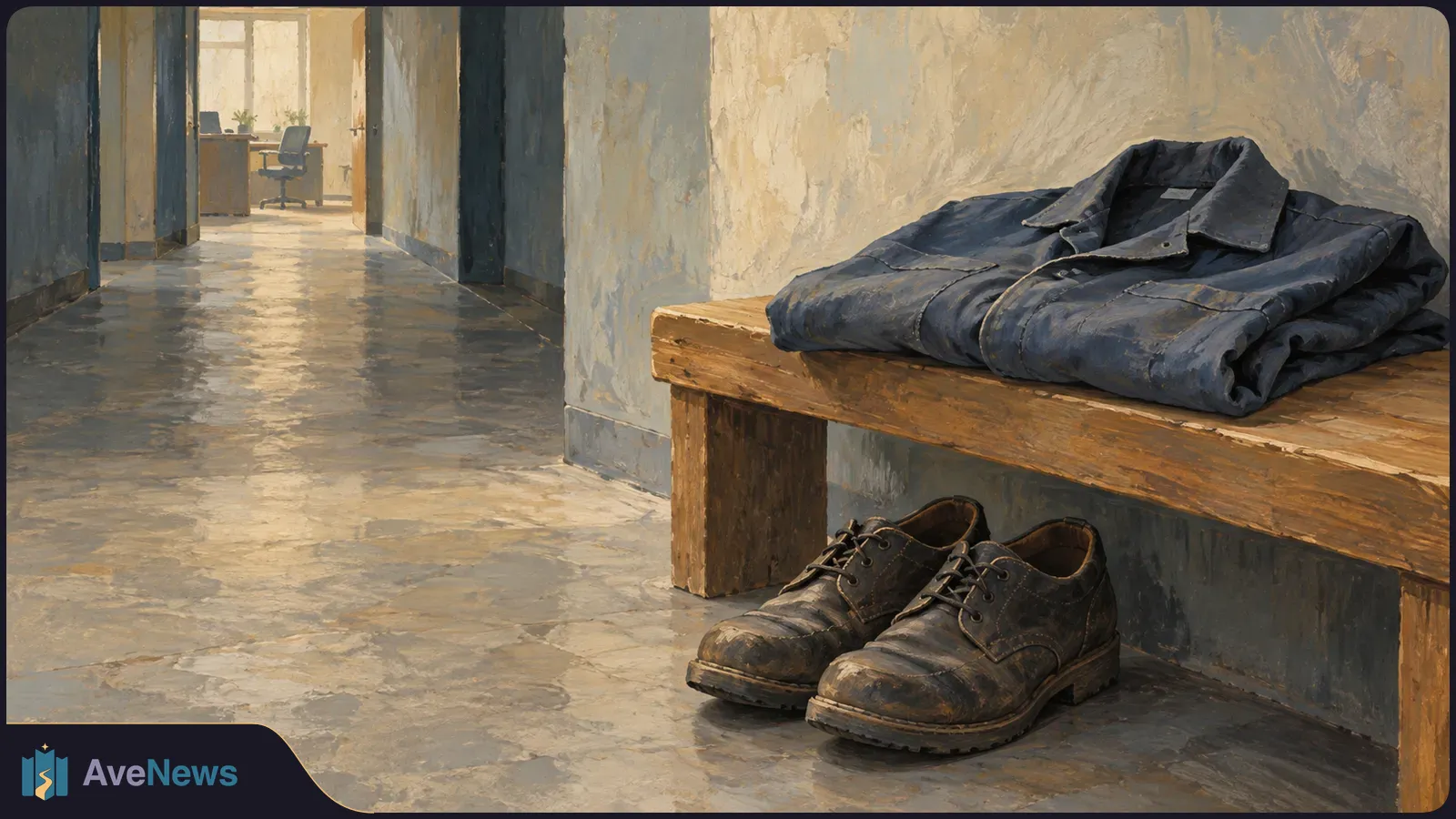 A folded dark shirt rests on a wooden bench, with worn shoes beneath it. An empty hallway leads to an office with a desk and chair. SI illustration