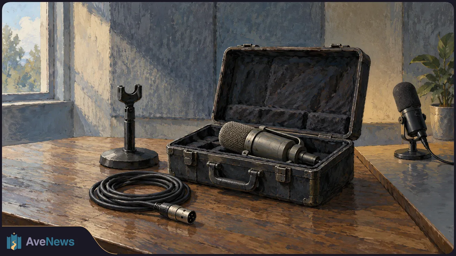 Illustration of a microphone in an open case on a wooden table, with a coiled cable, an empty microphone stand, and a second microphone nearby. SI illustration