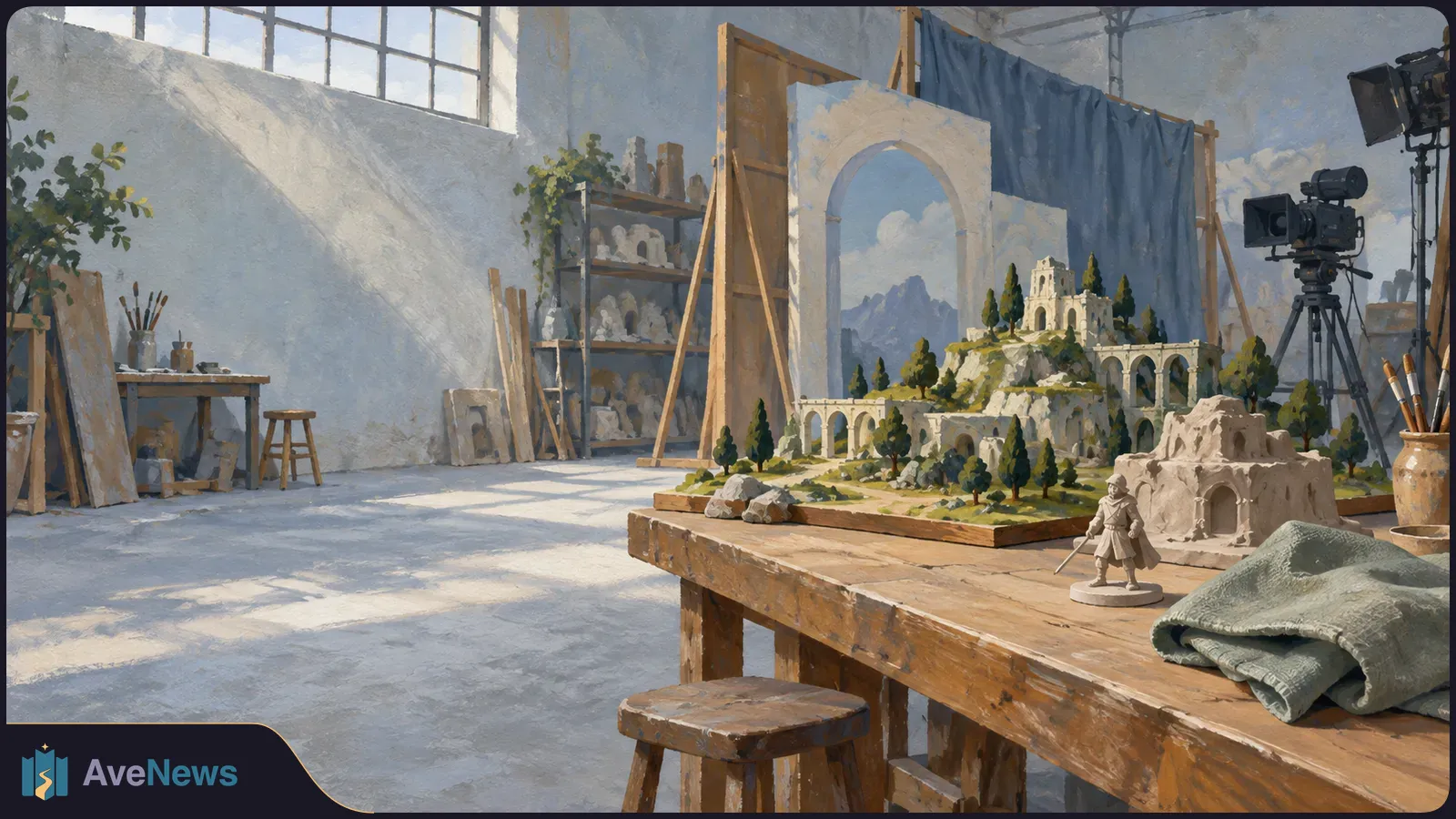 A painted studio scene shows a miniature castle landscape and figurine on a worktable, with a camera and lights aimed at the set. SI illustration