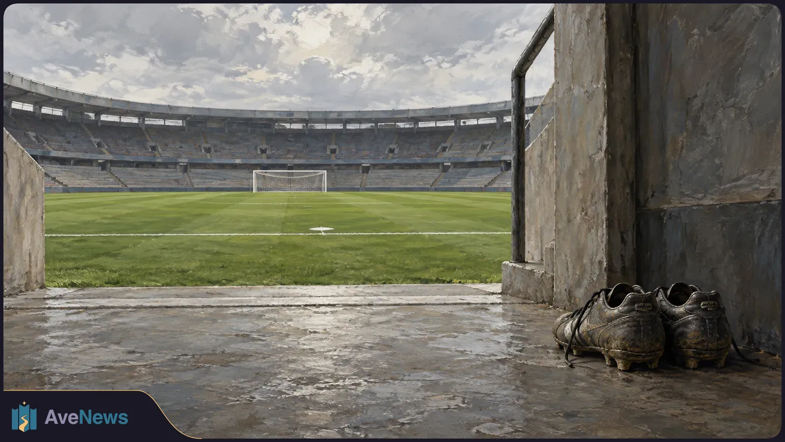A pair of worn football boots rests by a stadium entrance, overlooking an empty pitch and a distant goal under a cloudy sky. SI illustration