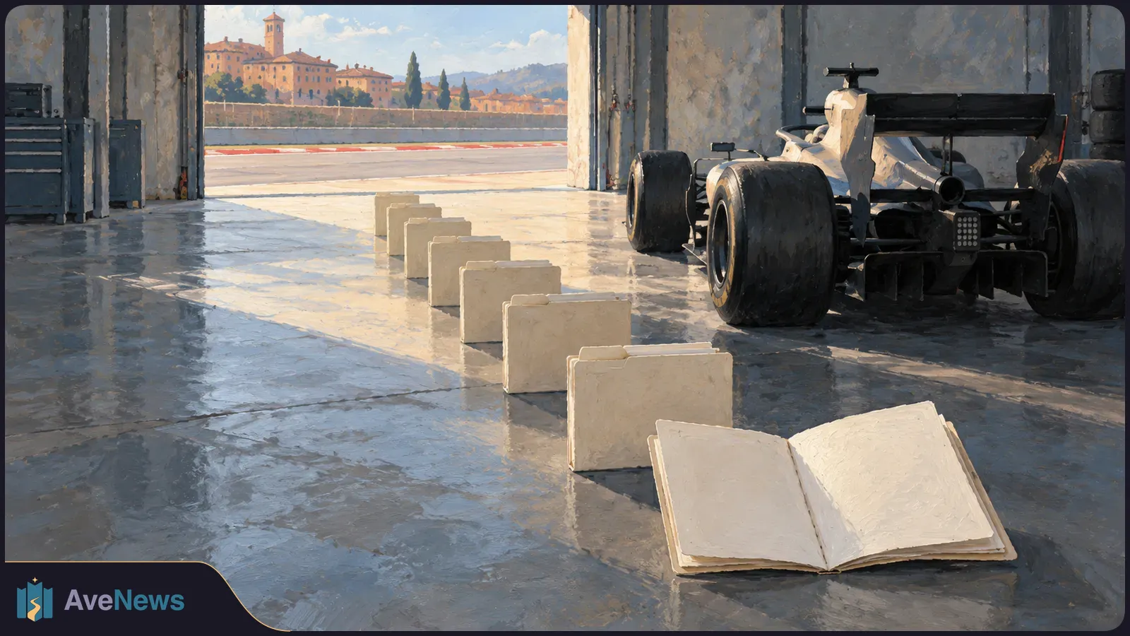 An open blank book and a row of folders sit on a garage floor beside the rear of a Formula 1 car. A racetrack and sunlit buildings are visible outside. SI illustration