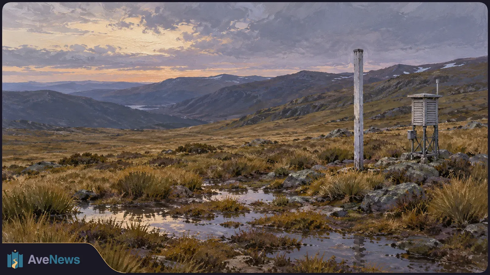 A tall white post and a louvered instrument shelter stand on a wet, snow-free alpine slope beneath cloudy mountains. SI illustration