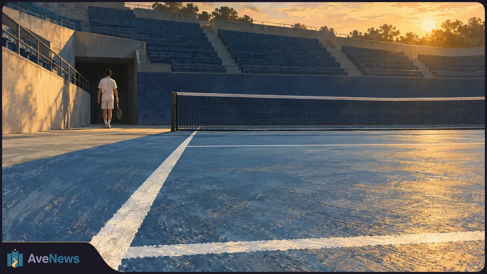 At sunset, a lone tennis player in white walks toward a dark tunnel, racket in hand, beside an empty blue court and net under vacant stands. SI illustration