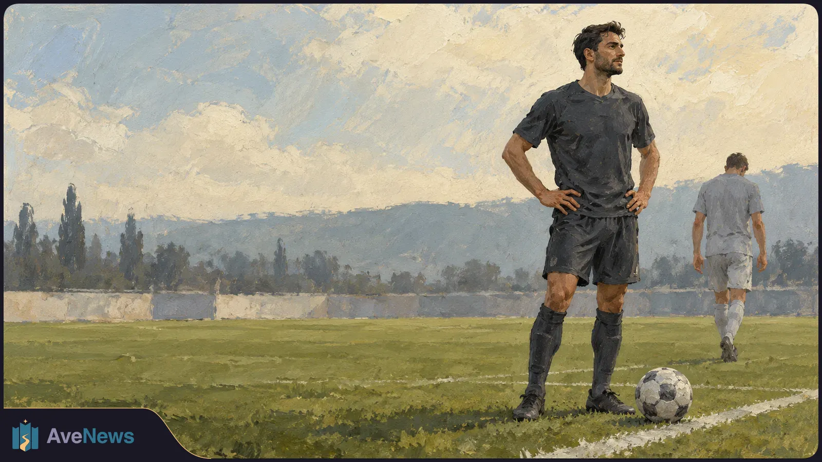 Painterly illustration of a footballer in a dark kit standing with hands on hips beside a ball; another player walks away across the grassy pitch. SI illustration