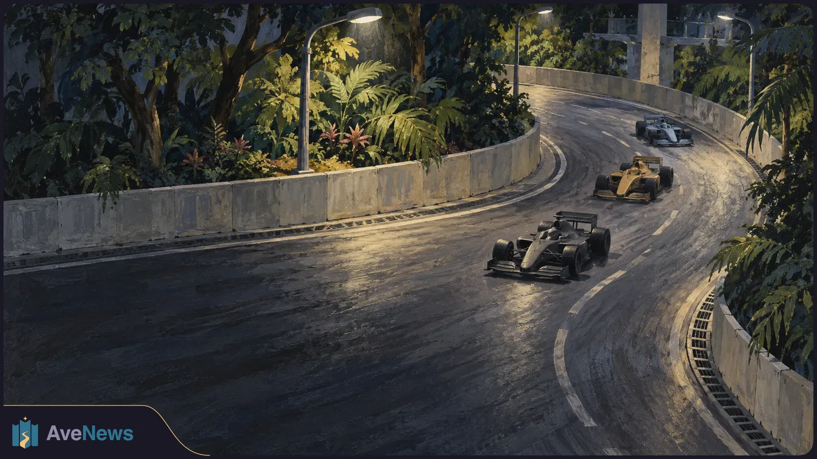 Painted night scene of three open-wheel race cars rounding a wet, lamp-lit bend bordered by concrete barriers and dense greenery. SI illustration