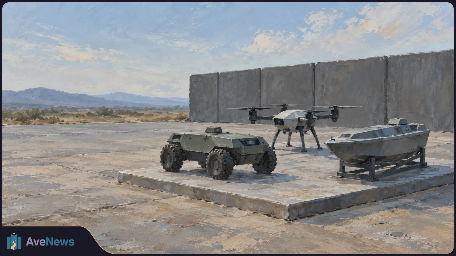 Illustration of a wheeled vehicle, a four-rotor drone and a small boat on a concrete pad beside a tall wall, with desert and mountains beyond. SI illustration