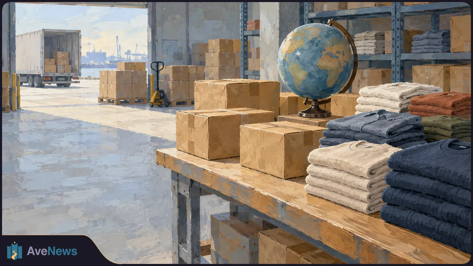 Folded clothes, cardboard boxes and a globe fill a warehouse; a truck and harbor cranes are visible through the open door. SI illustration