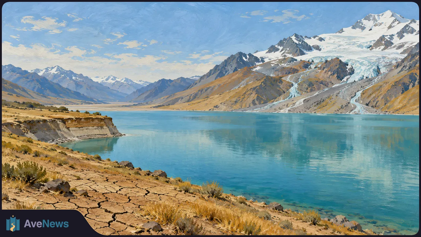 Painted mountain landscape with a turquoise lake, snow-covered peaks, glaciers and cracked dry ground along the shore. SI illustration