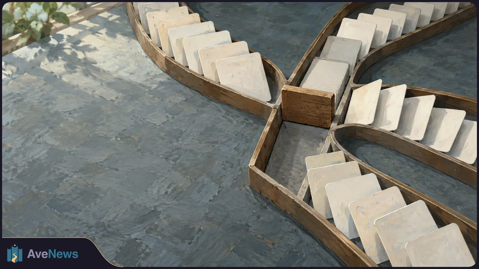 Painterly illustration of blank cream-colored cards lined up in branching wooden trays on a textured gray surface, with leaves at the upper left. SI illustration