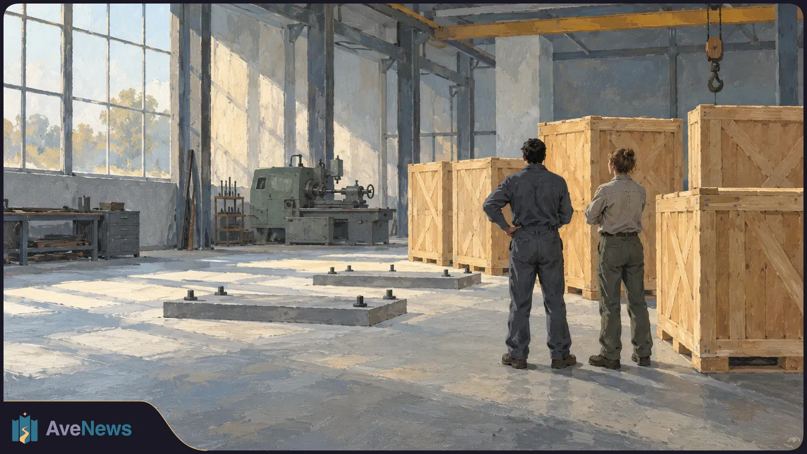 Illustration of two workers seen from behind in a sunlit industrial warehouse, with wooden crates, a machine and an overhead crane hook. SI illustration