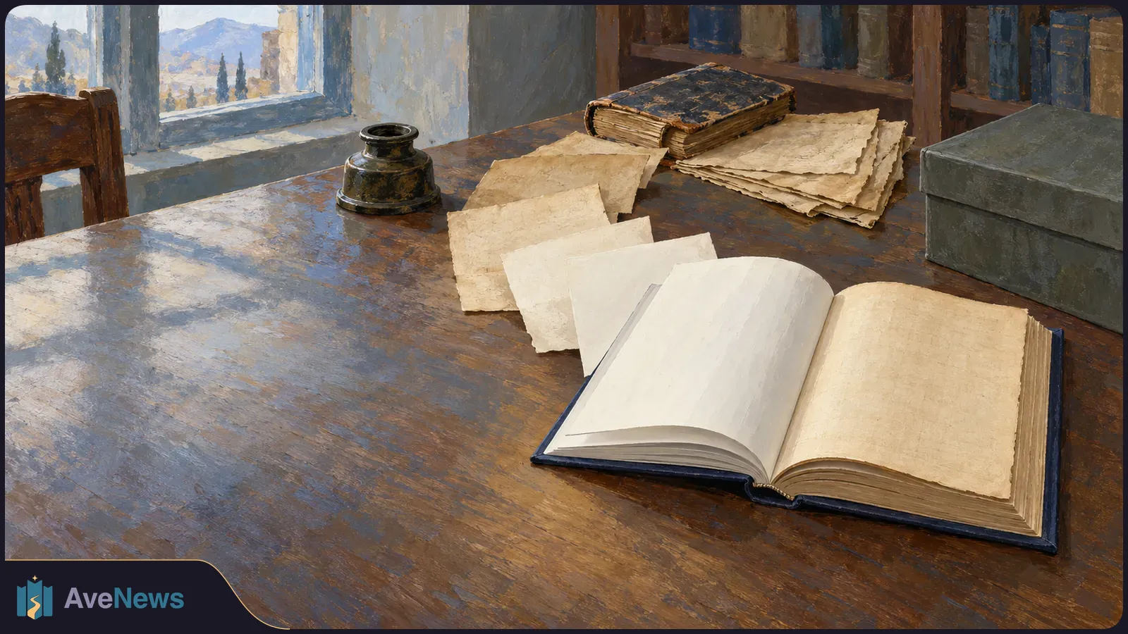 Painterly view of a wooden desk with an open blank book, loose aged sheets, a worn closed book and an inkwell beside a window and bookshelves. SI illustration