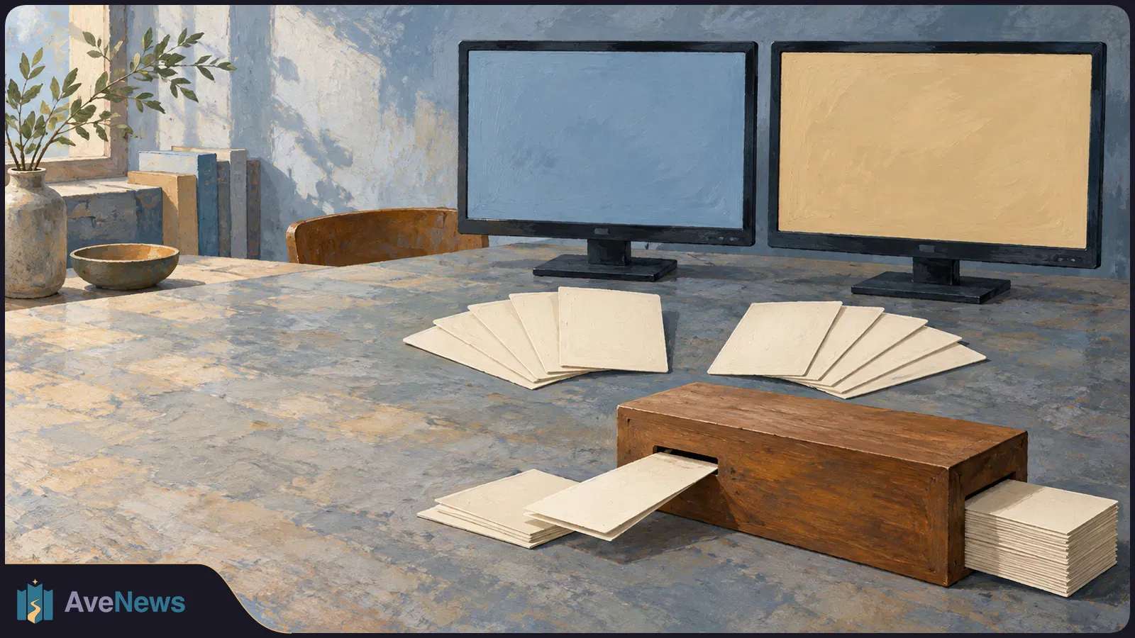 Painterly desk scene with two blank monitors, fanned blank cards, and a wooden box with paper slips protruding from it. A vase and bowl sit by a window. SI illustration