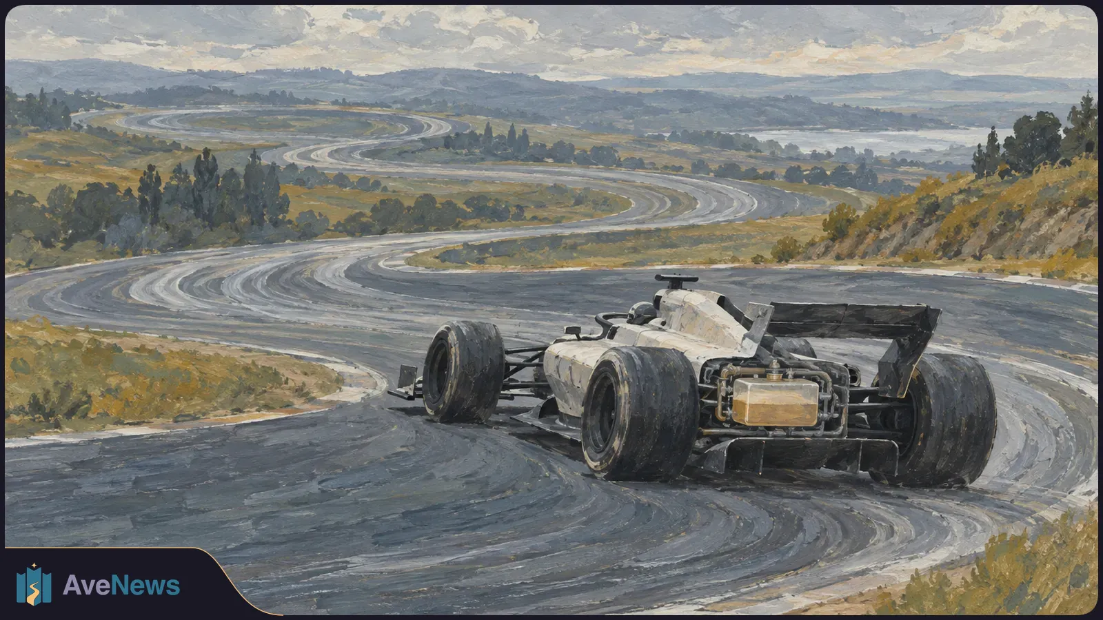 Painted rear view of an open-wheel race car on a winding track through grassy hills beneath a cloudy sky. SI illustration