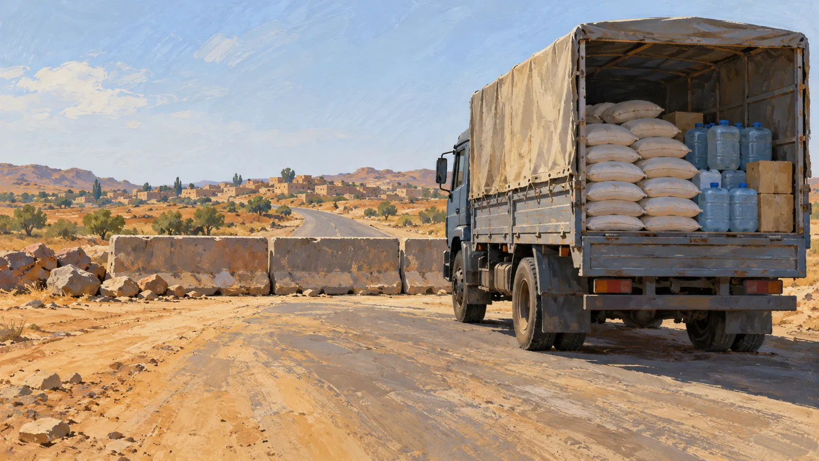 A painted cargo truck loaded with sacks, water containers and boxes faces a concrete roadblock on a dry road, with a settlement in the distance. SI illustration