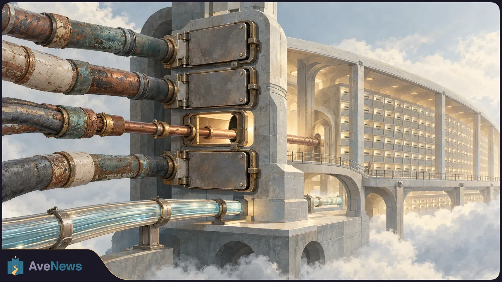 Illustration of weathered pipes entering a gated structure beside a cloud-wrapped hall lined with mailbox-like compartments. SI illustration