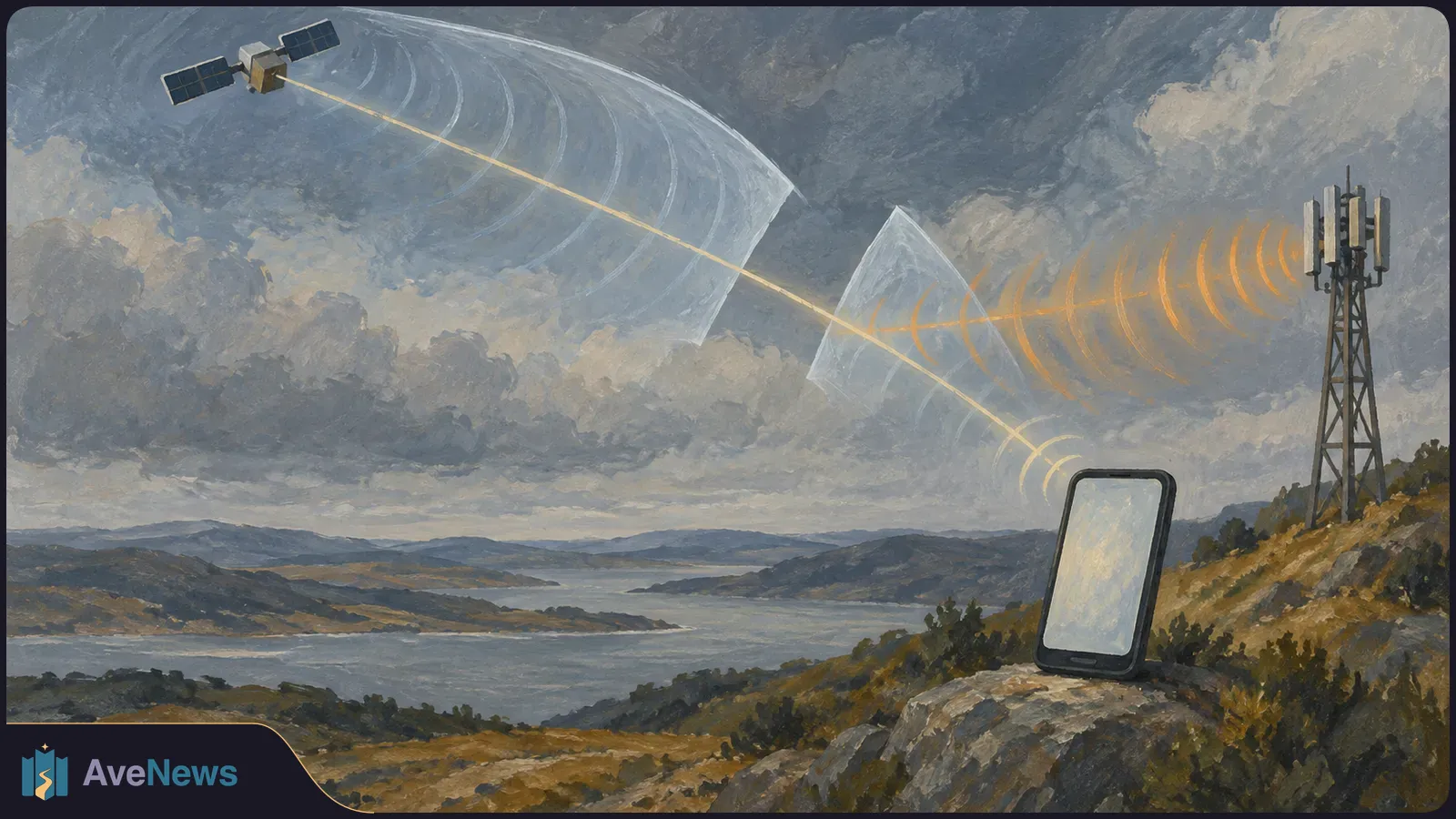 Painted landscape with a satellite, a cell tower and a blank-screen phone above a lake and hills. Curved lines and translucent shapes cross the cloudy sky. SI illustration