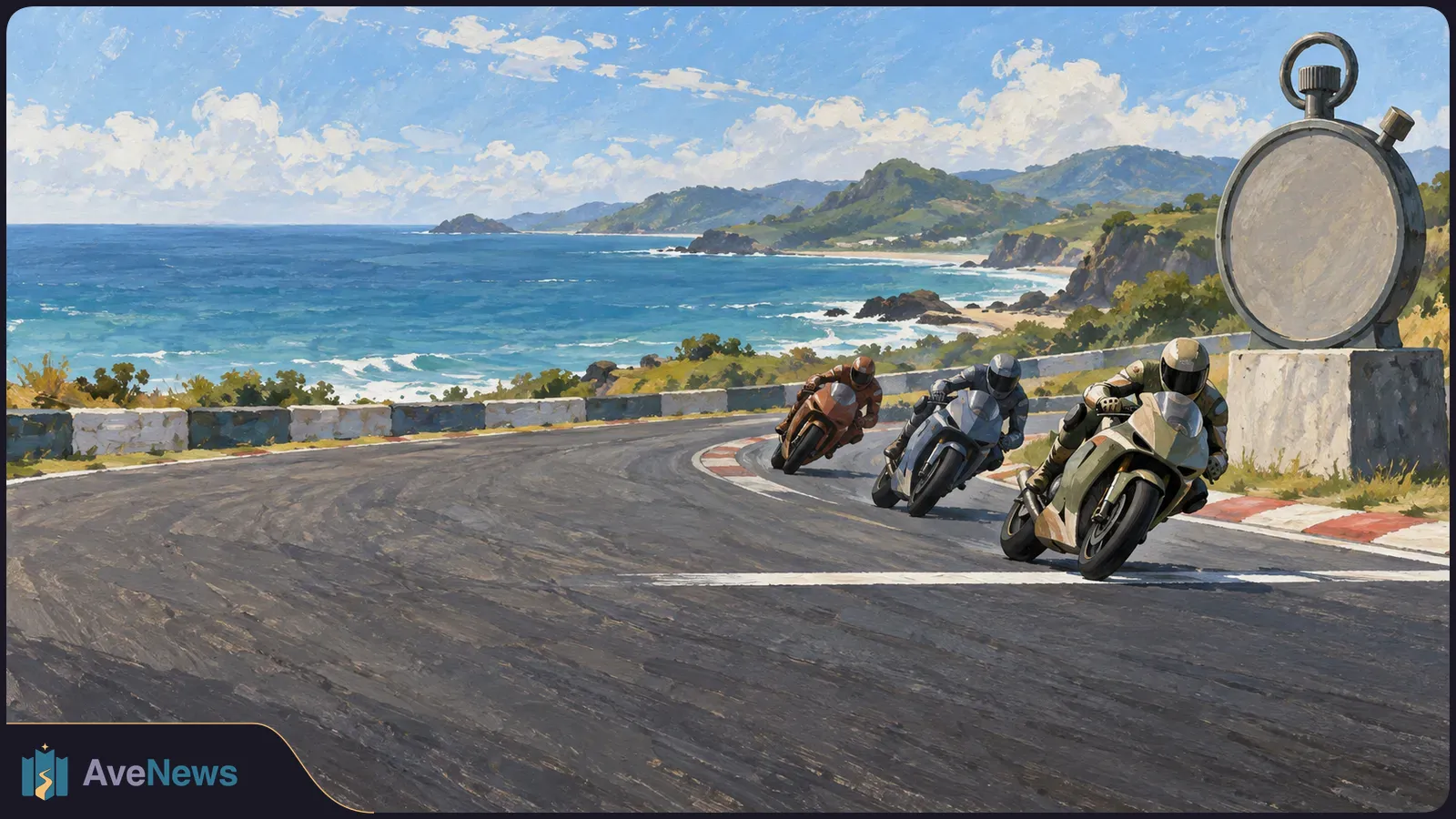 Three helmeted riders lean racing motorcycles through a coastal bend beside a large blank stopwatch, with sea and hills behind them. SI illustration