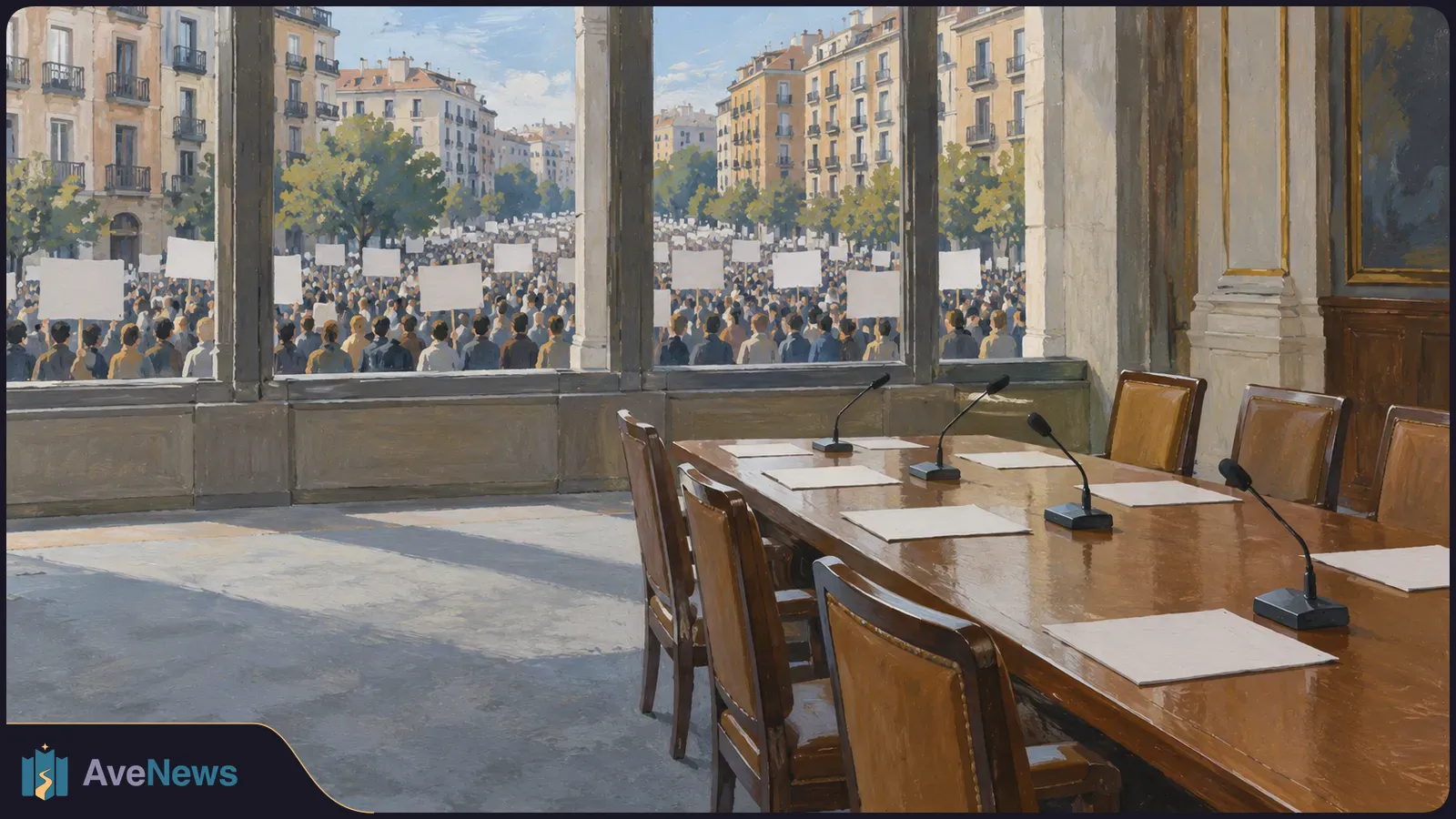 An empty conference table with microphones and blank papers overlooks a dense crowd holding blank placards in a city square. SI illustration