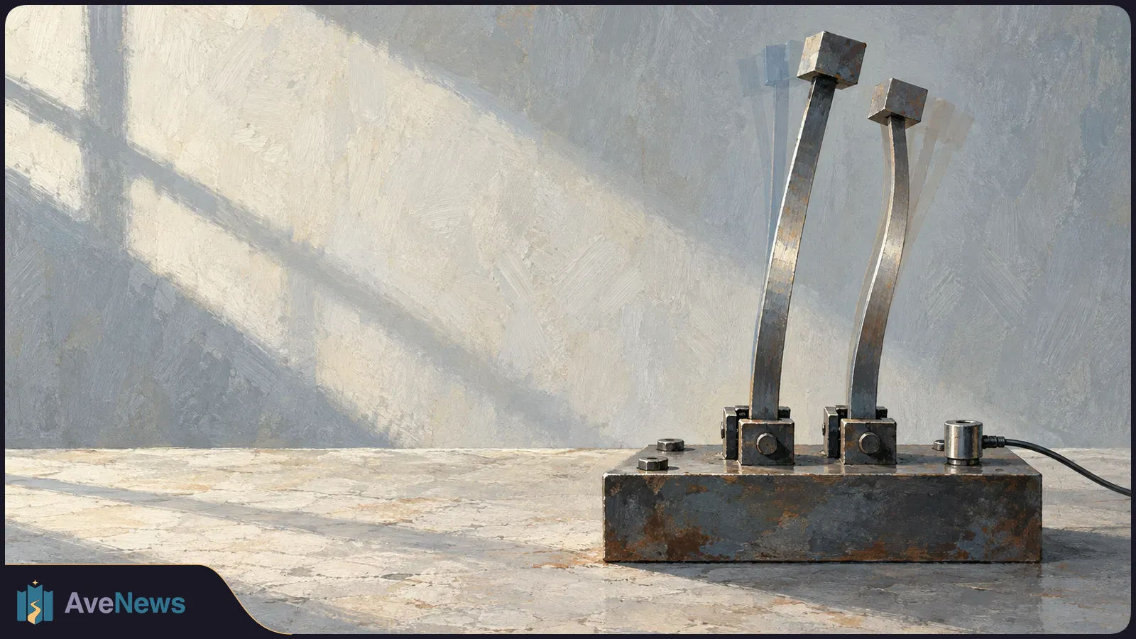 Painterly illustration of two metal beams mounted on a base, with faint repeated outlines suggesting vibration; a cable extends from the base. SI illustration