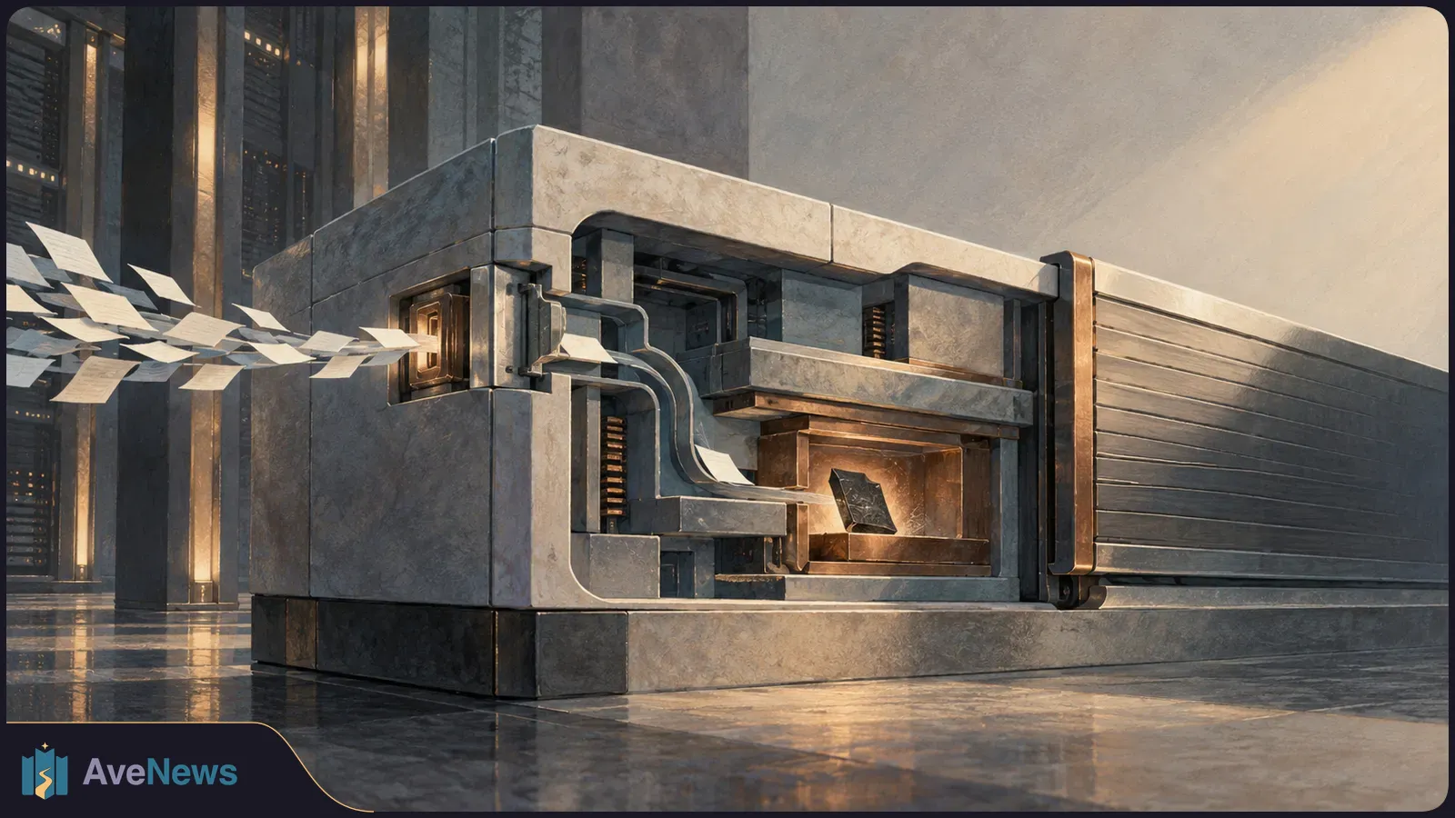 Illustration of paper sheets streaming into a large gray machine in a server-like hall; a dark sheet sits in a warm-lit chamber. SI illustration