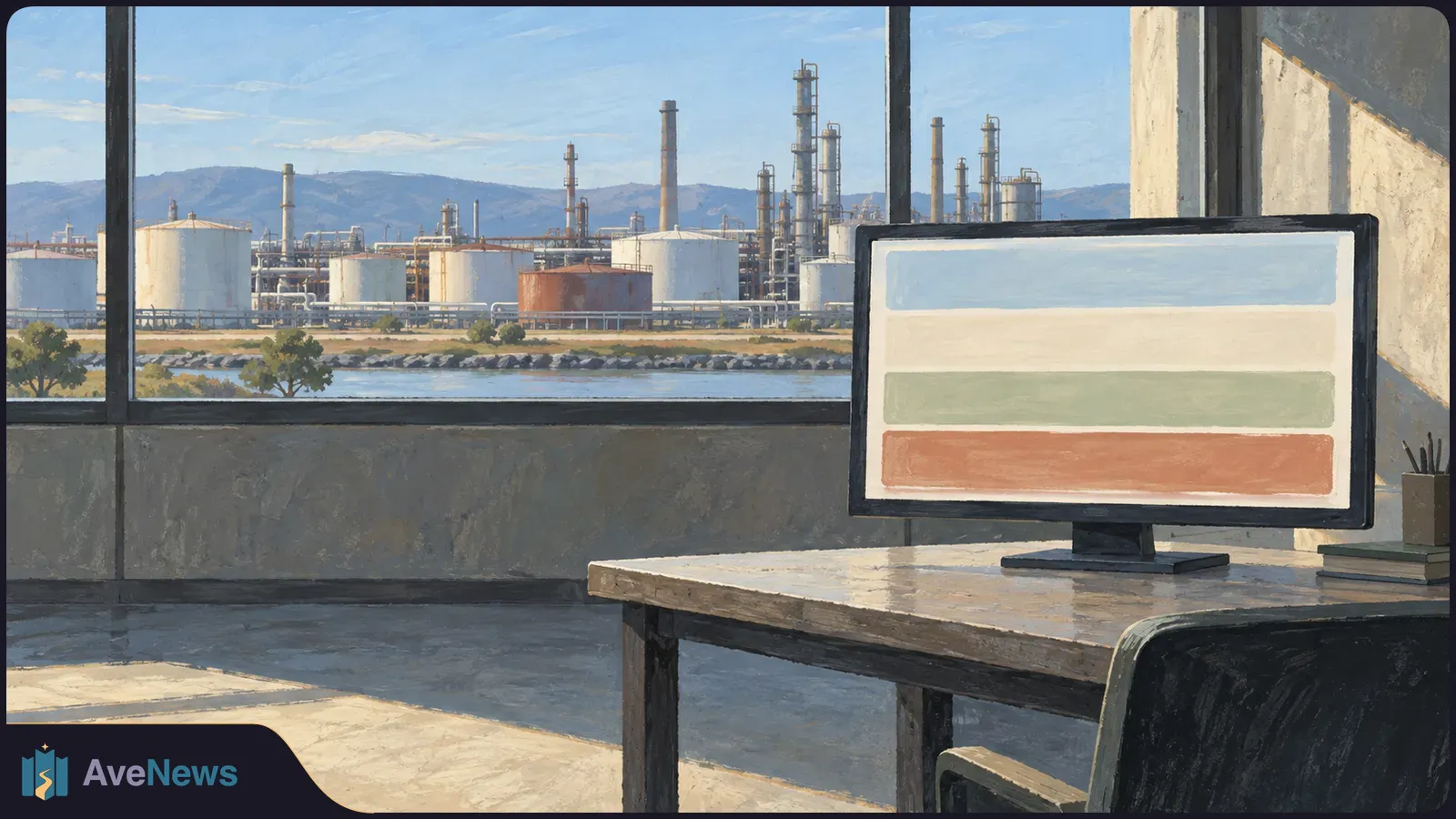 A painted office overlooks refinery tanks and stacks across water. A desk monitor in the foreground shows four blank horizontal color bands. SI illustration