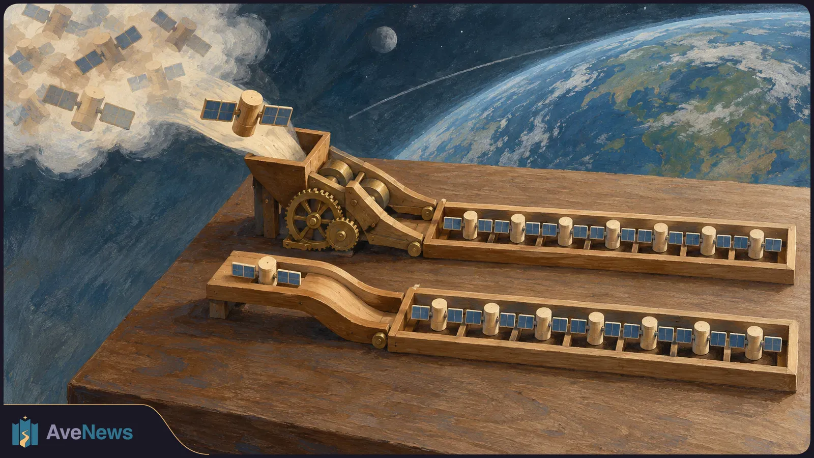 Painterly illustration of small satellite models arranged in two wooden trays beside a gear mechanism, with Earth, the Moon and more satellites in the background. SI illustration