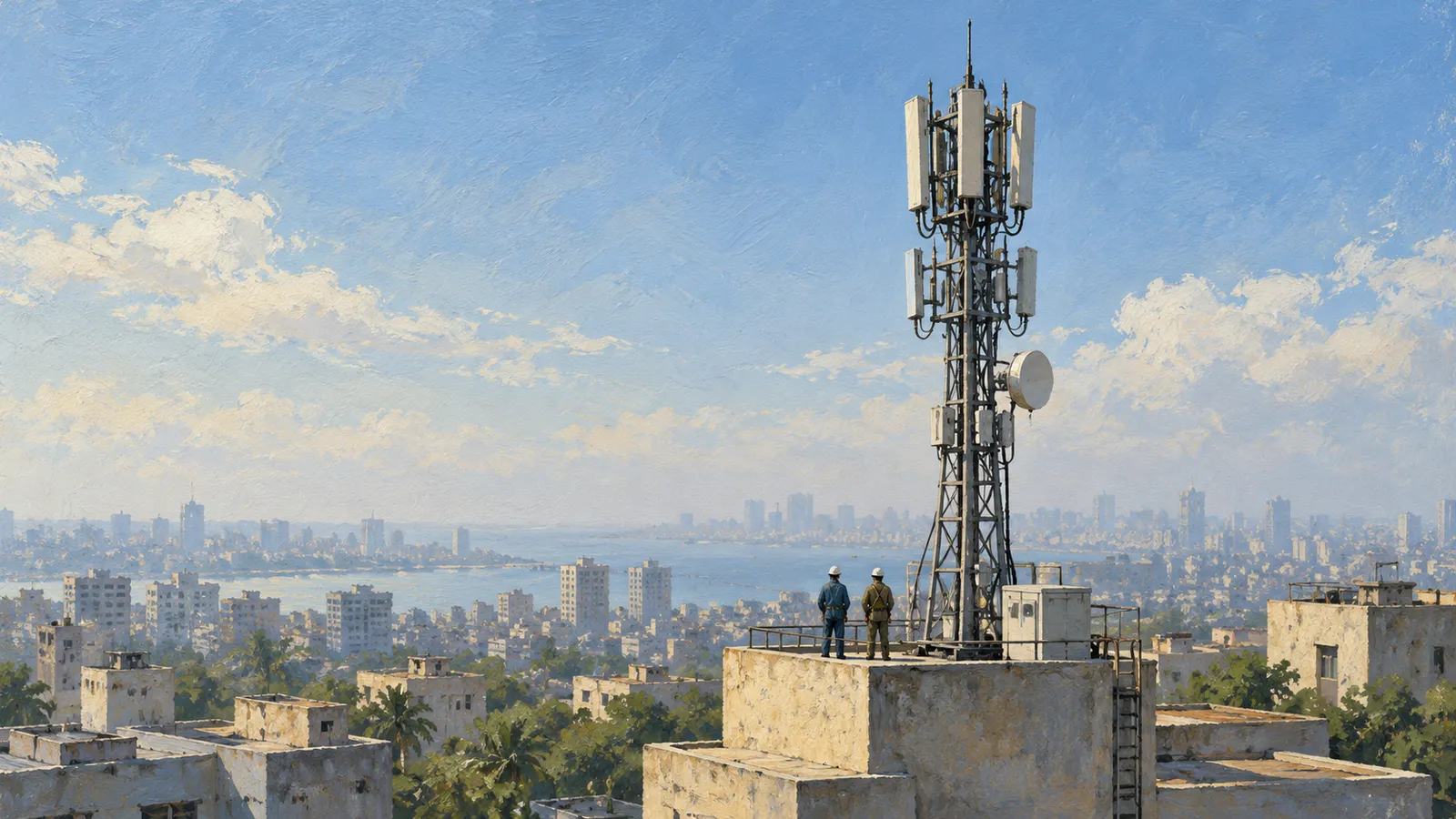 A painted cityscape shows two hard-hatted figures on a rooftop beside a cellular tower, with buildings and water in the distance. SI illustration