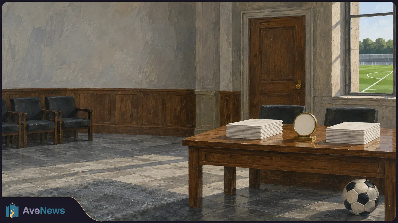 A painted room with two stacks of blank paper and a small round object on a wooden table. A soccer ball sits beneath it, and a football field is visible through the window. SI illustration
