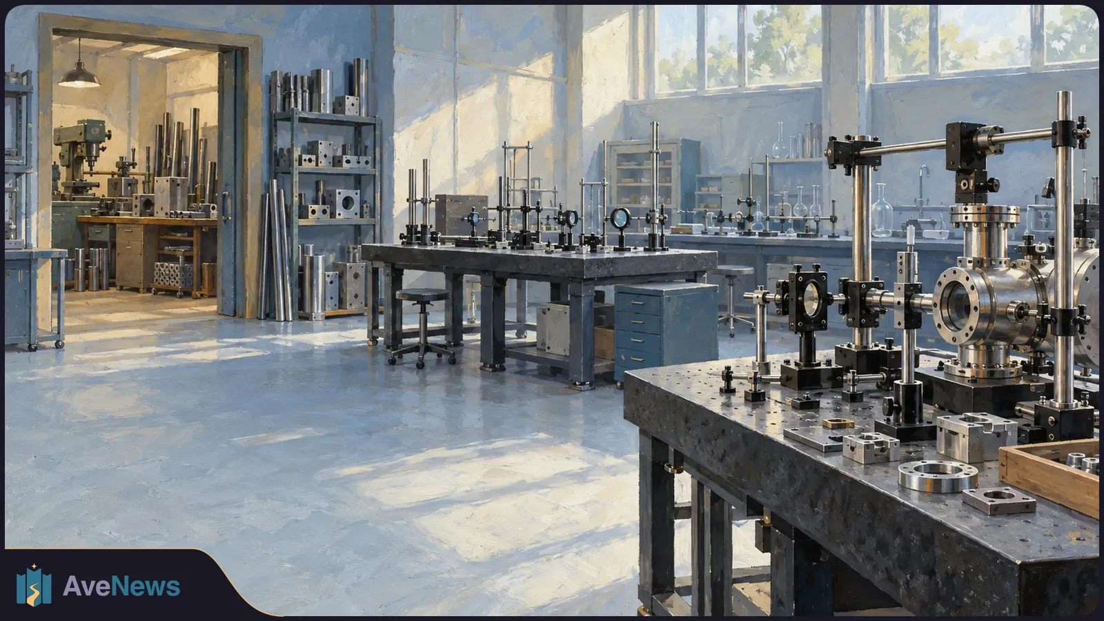 Painted laboratory interior with precision instruments and metal parts on worktables, shelves of equipment, and sunlight streaming through tall windows. SI illustration