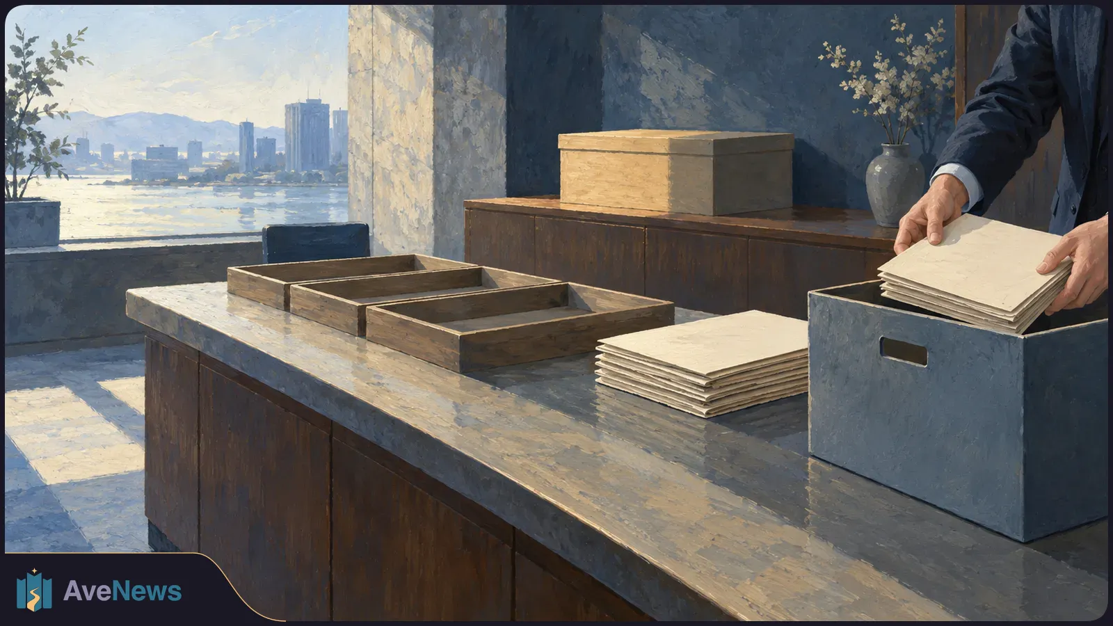 Painterly scene of a person placing blank folders in a blue box beside stacked folders and empty wooden trays, with a waterfront skyline through the window. SI illustration