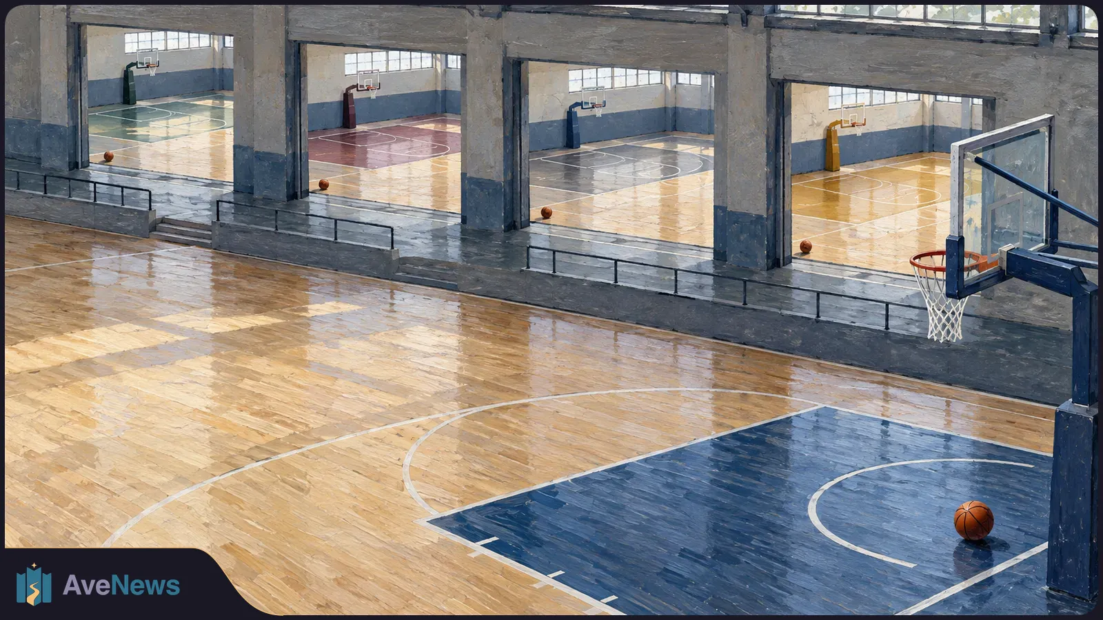 An illustrated empty basketball gym with a hoop and ball in the foreground and several courts visible through wide openings behind it. SI illustration