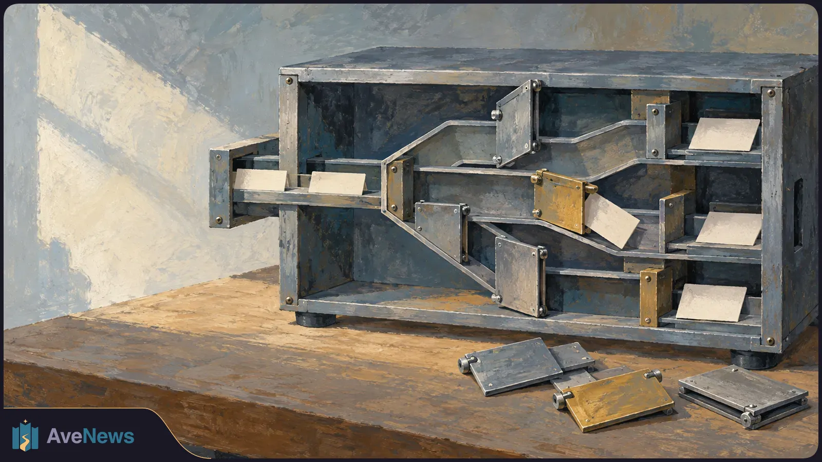 Painted metal device with branching channels and blank cards on a wooden table; several hinged plates lie in front of it. SI illustration