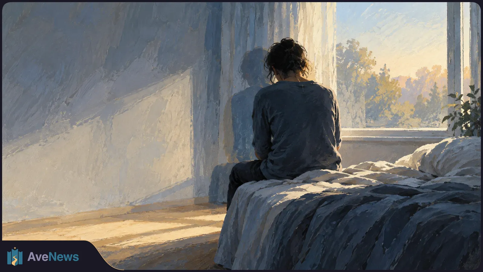 Painterly illustration of a person sitting on the edge of an unmade bed, facing a sunlit window, with trees outside. SI illustration