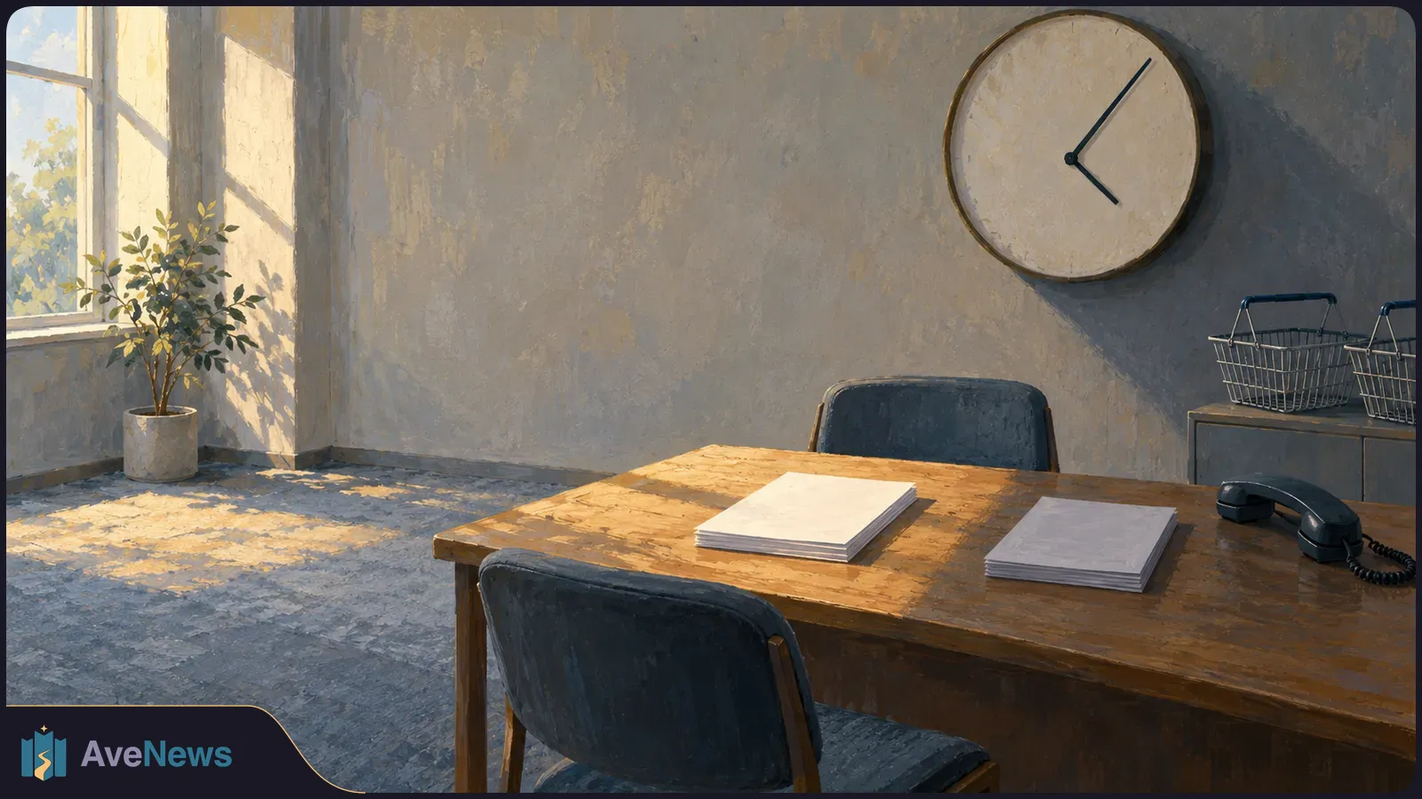 Painted, sunlit office with two stacks of blank paper and a corded phone on a wooden desk; empty chairs, a wall clock, wire baskets and a potted plant. SI illustration